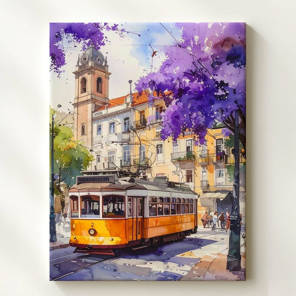 European Tram Nostalgia Canvas – Watercolor Street Scene with Jacaranda - Gifitto