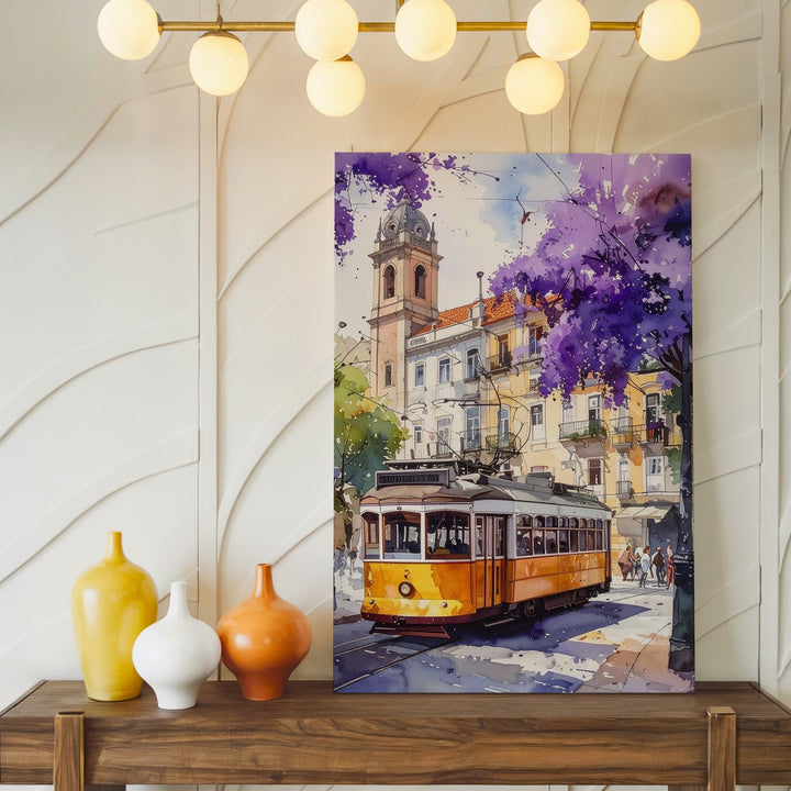 European Tram Nostalgia Canvas – Watercolor Street Scene with Jacaranda - Gifitto