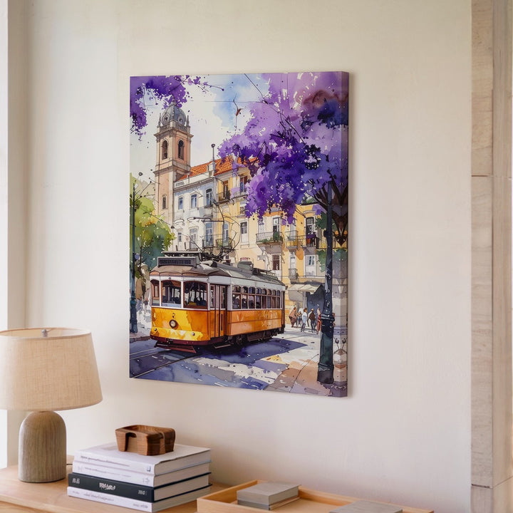 European Tram Nostalgia Canvas – Watercolor Street Scene with Jacaranda - Gifitto
