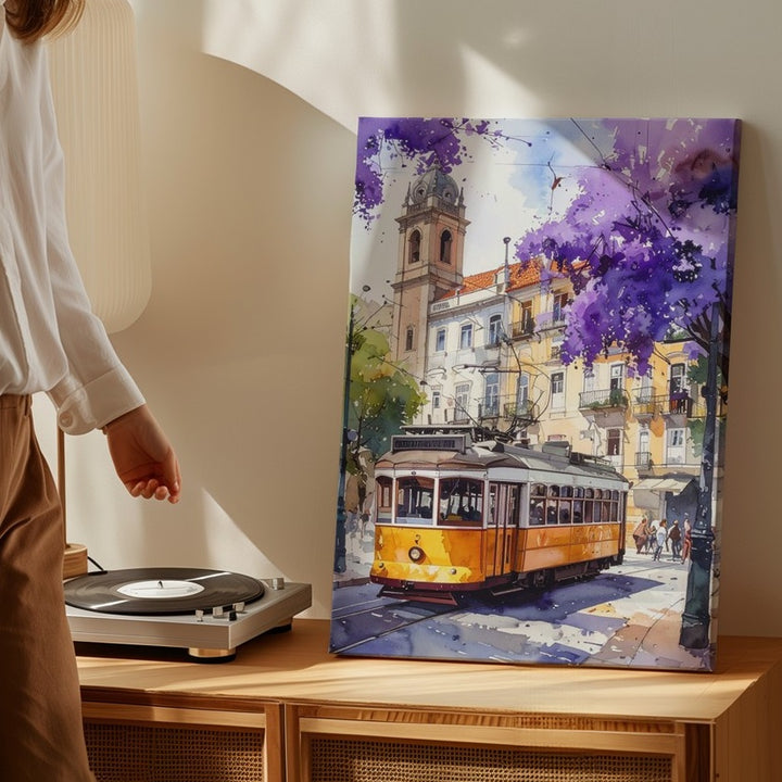European Tram Nostalgia Canvas – Watercolor Street Scene with Jacaranda - Gifitto