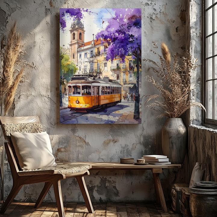 European Tram Nostalgia Canvas – Watercolor Street Scene with Jacaranda - Gifitto
