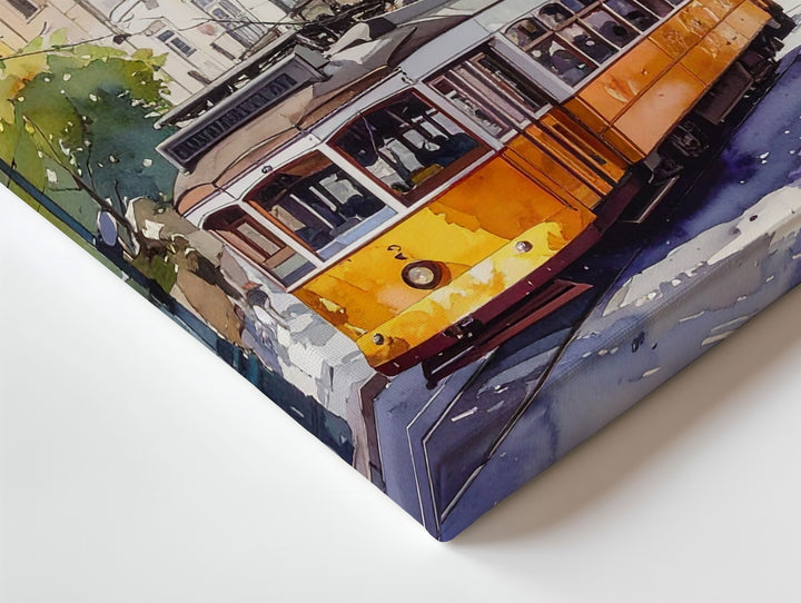 European Tram Nostalgia Canvas – Watercolor Street Scene with Jacaranda - Gifitto
