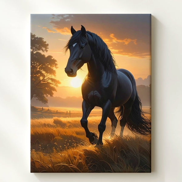 Sunlit Guardian Canvas – Black Stallion in Golden Field at Dusk - Gifitto