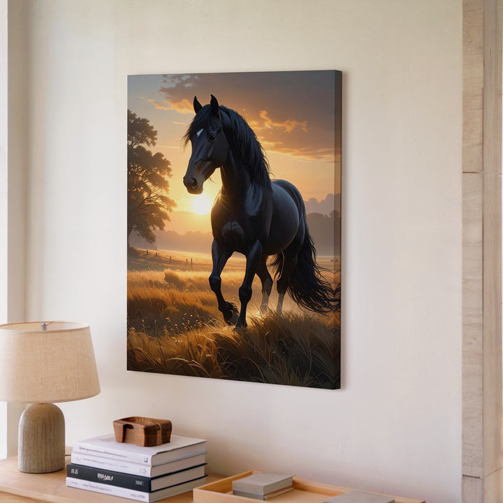 Sunlit Guardian Canvas – Black Stallion in Golden Field at Dusk - Gifitto