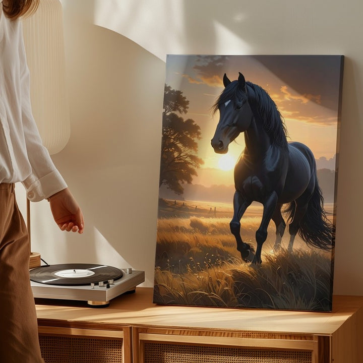 Sunlit Guardian Canvas – Black Stallion in Golden Field at Dusk - Gifitto