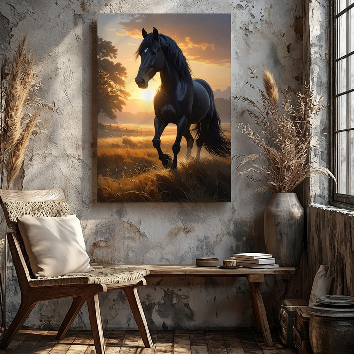 Sunlit Guardian Canvas – Black Stallion in Golden Field at Dusk - Gifitto