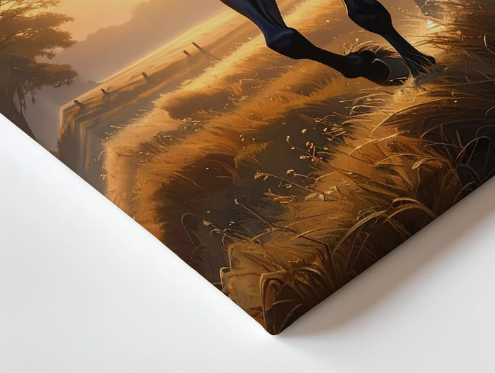 Sunlit Guardian Canvas – Black Stallion in Golden Field at Dusk - Gifitto