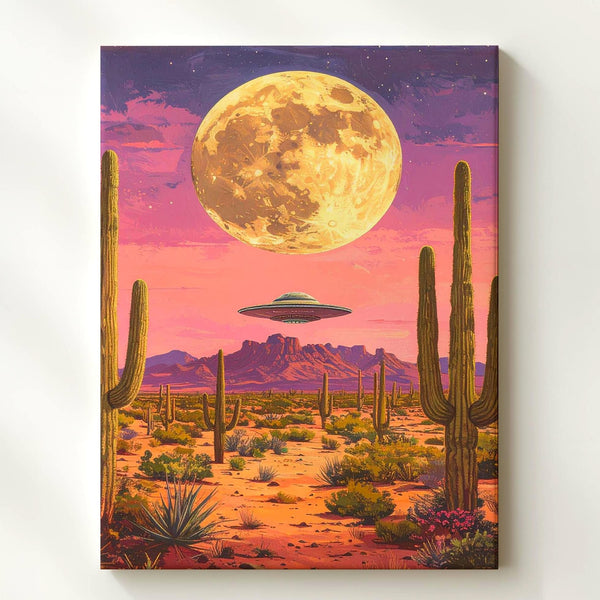 Surreal Desert Moon Canvas – Cacti, UFO & Glowing Moon Art - Gifitto