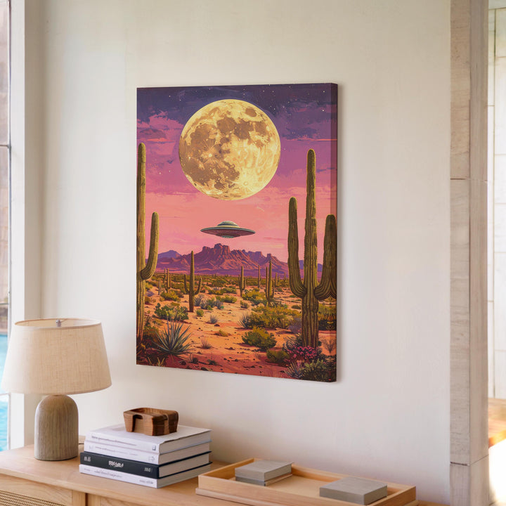 Surreal Desert Moon Canvas – Cacti, UFO & Glowing Moon Art - Gifitto