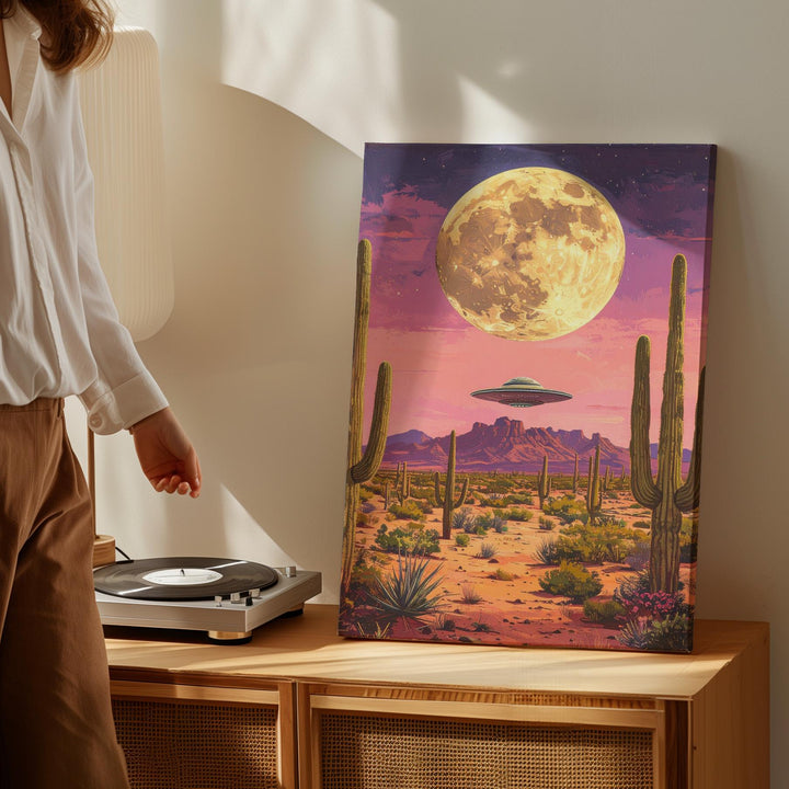 Surreal Desert Moon Canvas – Cacti, UFO & Glowing Moon Art - Gifitto