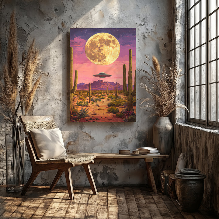 Surreal Desert Moon Canvas – Cacti, UFO & Glowing Moon Art - Gifitto
