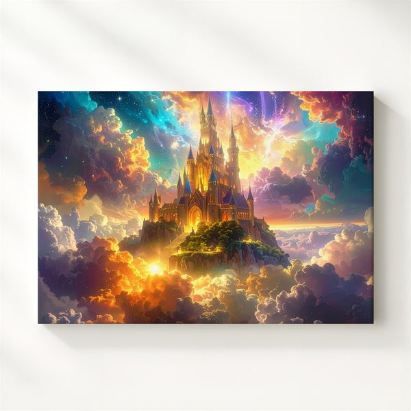 Celestial Castle Canvas – Surreal Fantasy Kingdom on Glowing Multicolor Clouds - Gifitto
