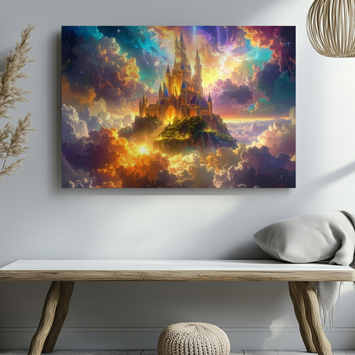 Celestial Castle Canvas – Surreal Fantasy Kingdom on Glowing Multicolor Clouds - Gifitto