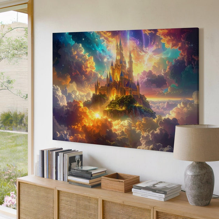 Celestial Castle Canvas – Surreal Fantasy Kingdom on Glowing Multicolor Clouds - Gifitto