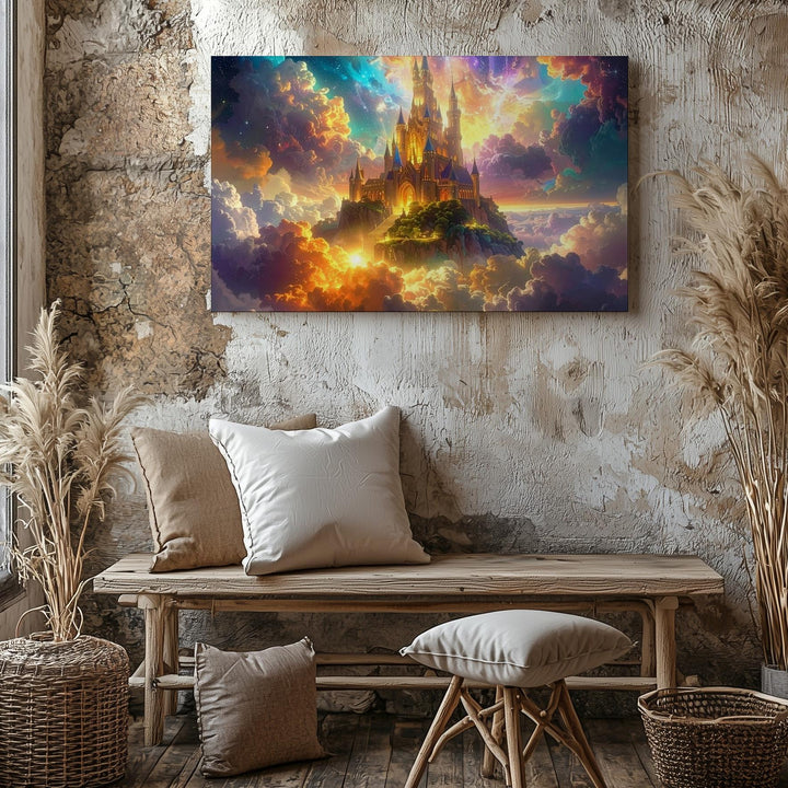 Celestial Castle Canvas – Surreal Fantasy Kingdom on Glowing Multicolor Clouds - Gifitto