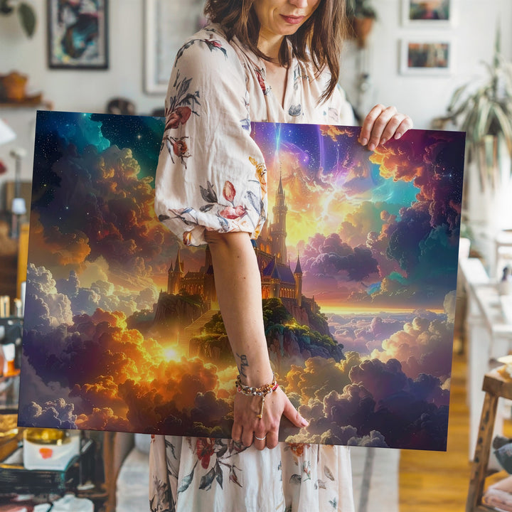 Celestial Castle Canvas – Surreal Fantasy Kingdom on Glowing Multicolor Clouds - Gifitto