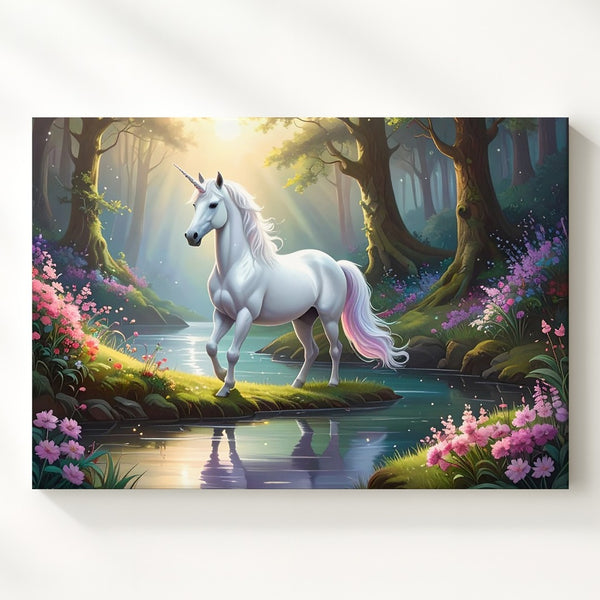 Magical Unicorn Forest Canvas – Enchanted Pond and Radiant Mythical Creature Wall Art - Gifitto