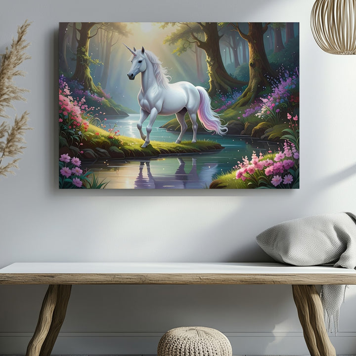 Magical Unicorn Forest Canvas – Enchanted Pond and Radiant Mythical Creature Wall Art - Gifitto