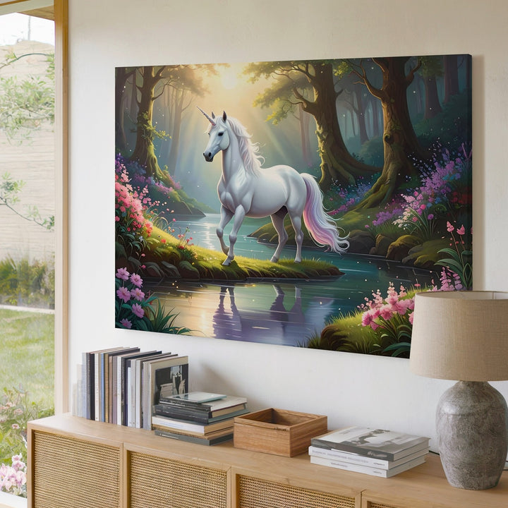 Magical Unicorn Forest Canvas – Enchanted Pond and Radiant Mythical Creature Wall Art - Gifitto