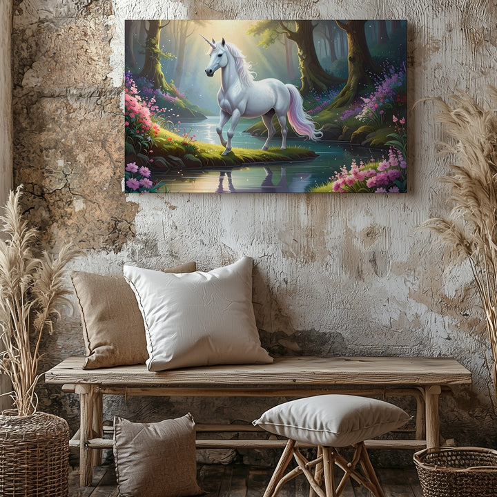 Magical Unicorn Forest Canvas – Enchanted Pond and Radiant Mythical Creature Wall Art - Gifitto