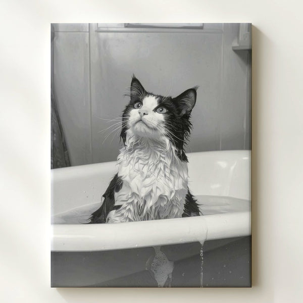 Bathtime Cat Canvas – Grayscale Funny Tuxedo Cat in Tub Wall Art - Gifitto
