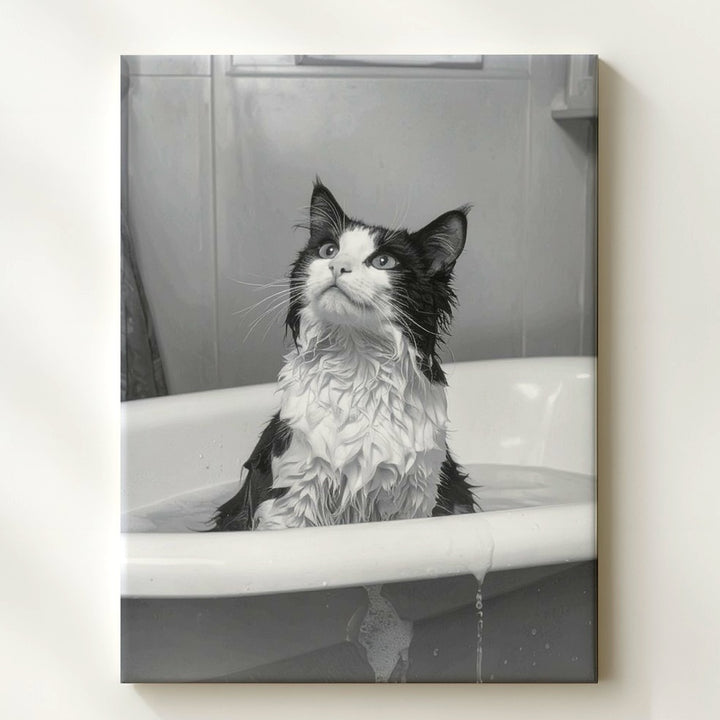 Bathtime Cat Canvas – Grayscale Funny Tuxedo Cat in Tub Wall Art - Gifitto