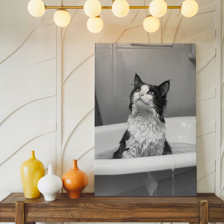 Bathtime Cat Canvas – Grayscale Funny Tuxedo Cat in Tub Wall Art - Gifitto