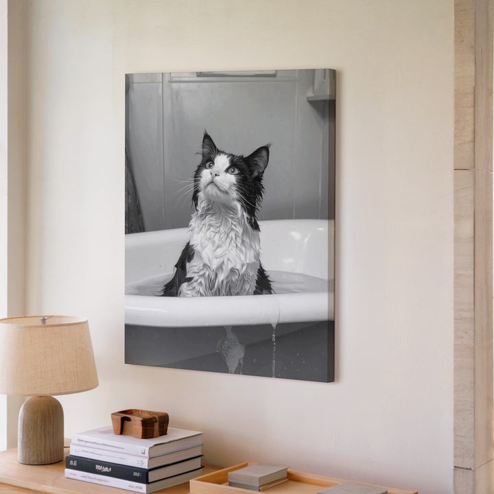 Bathtime Cat Canvas – Grayscale Funny Tuxedo Cat in Tub Wall Art - Gifitto