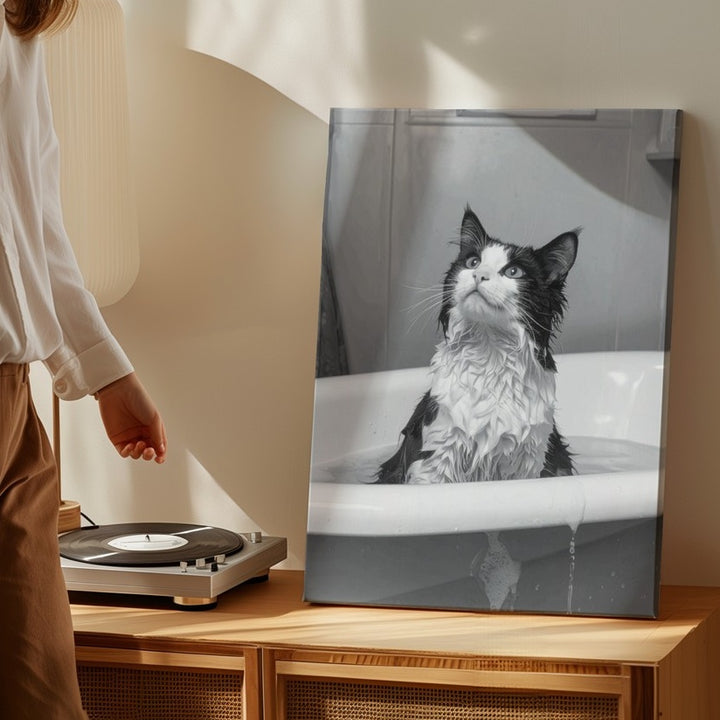 Bathtime Cat Canvas – Grayscale Funny Tuxedo Cat in Tub Wall Art - Gifitto