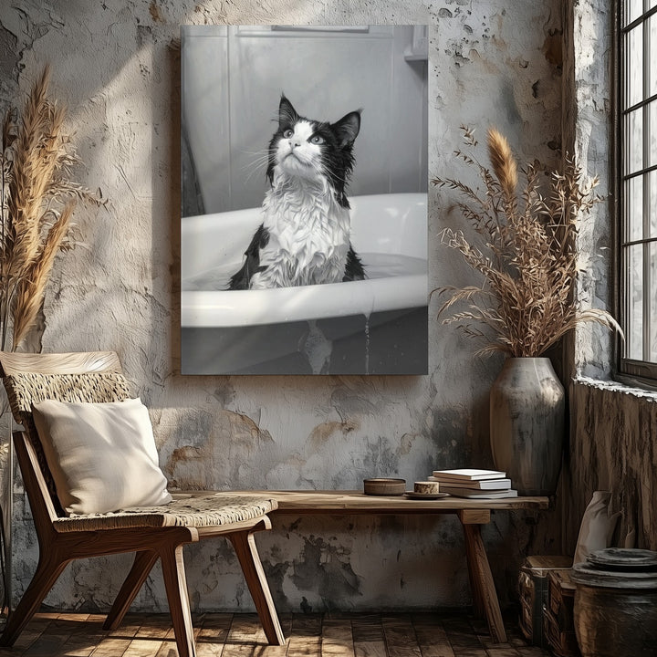 Bathtime Cat Canvas – Grayscale Funny Tuxedo Cat in Tub Wall Art - Gifitto