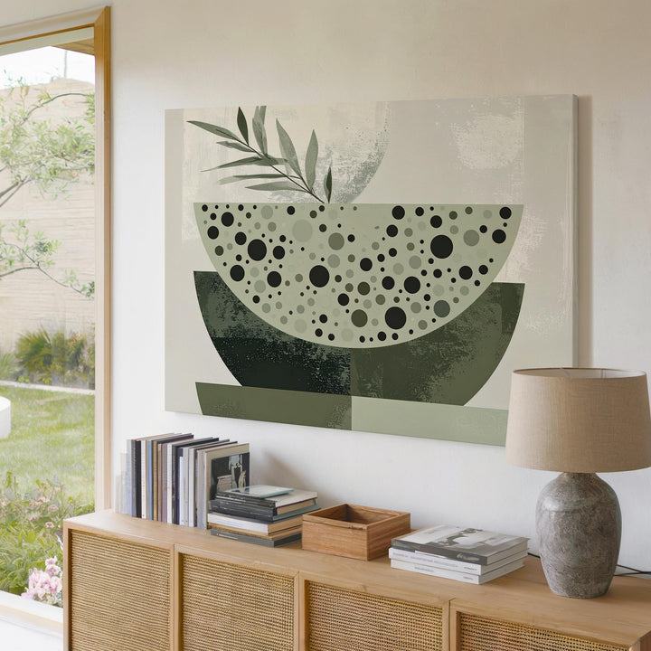Modern Botanical Bowl Canvas – Abstract Shapes with Olive & Sage Tones - Gifitto