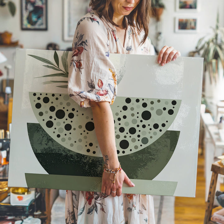 Modern Botanical Bowl Canvas – Abstract Shapes with Olive & Sage Tones - Gifitto