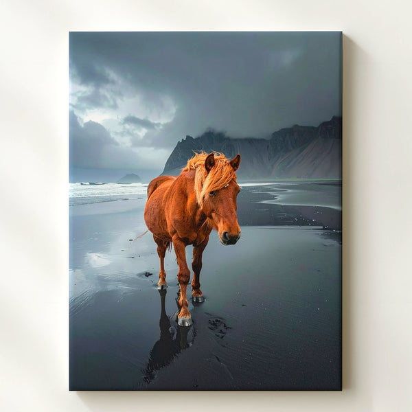 Lone Journey Canvas – Chestnut Horse on Black Sand Beach - Gifitto