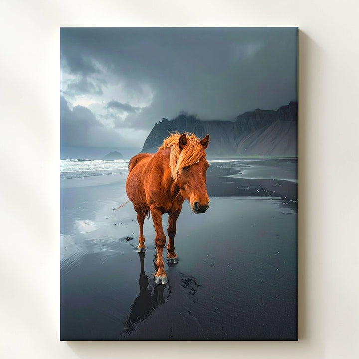 Lone Journey Canvas – Chestnut Horse on Black Sand Beach - Gifitto