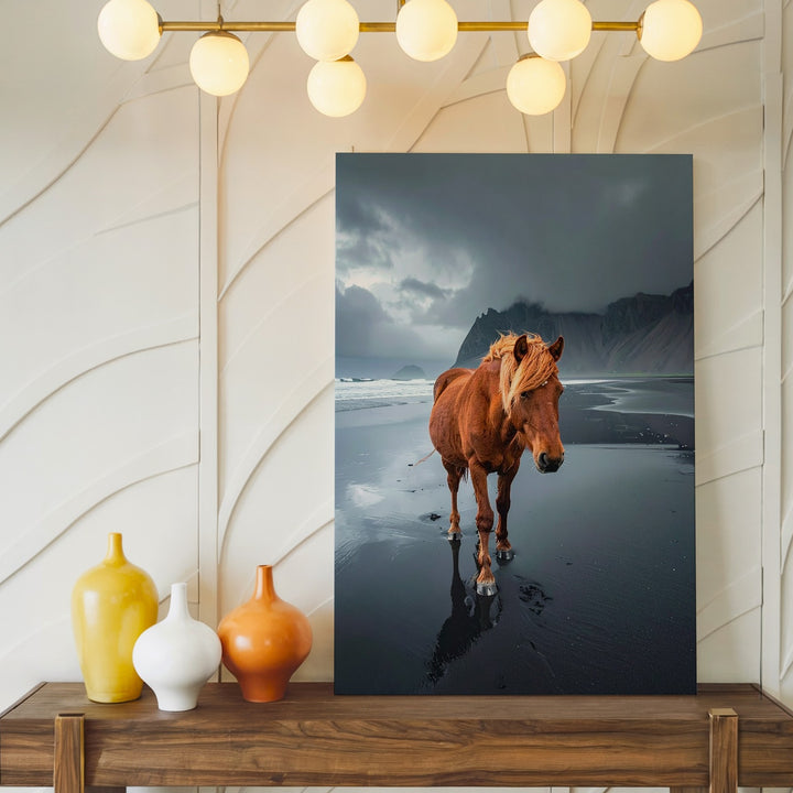 Lone Journey Canvas – Chestnut Horse on Black Sand Beach - Gifitto