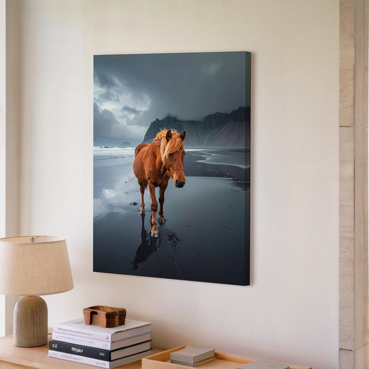 Lone Journey Canvas – Chestnut Horse on Black Sand Beach - Gifitto
