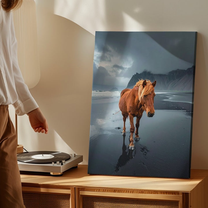 Lone Journey Canvas – Chestnut Horse on Black Sand Beach - Gifitto