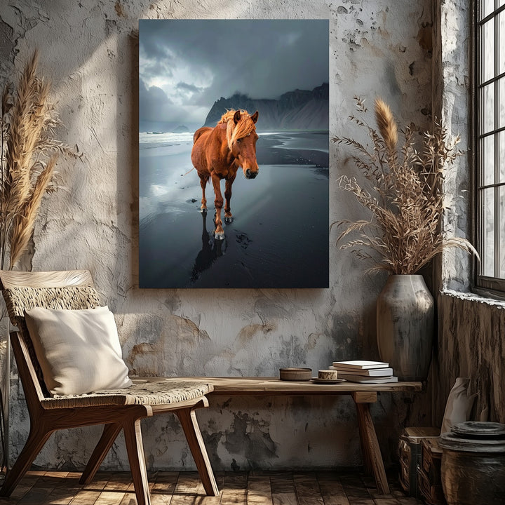 Lone Journey Canvas – Chestnut Horse on Black Sand Beach - Gifitto