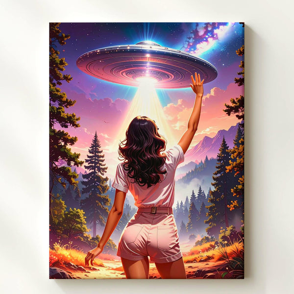 Mystical UFO Encounter Canvas – Woman in Forest & Glowing Light Art - Gifitto