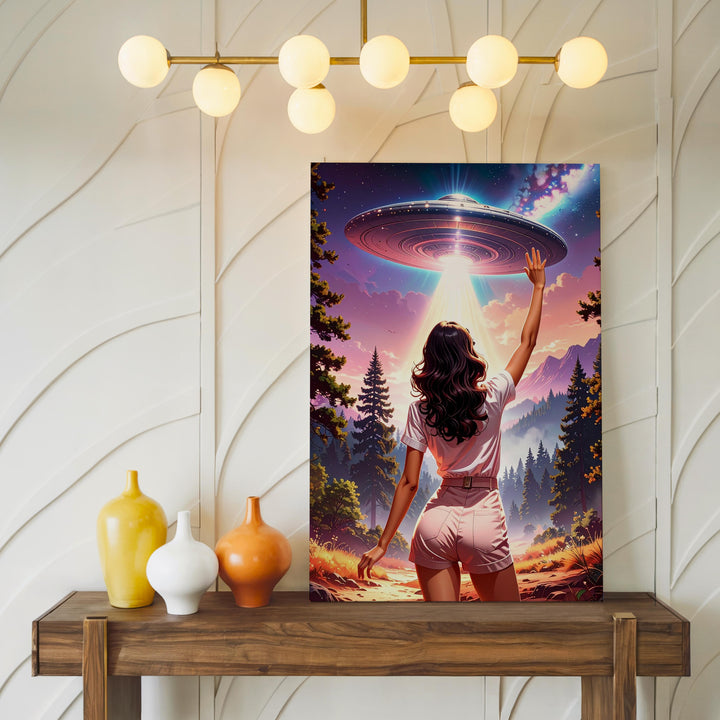 Mystical UFO Encounter Canvas – Woman in Forest & Glowing Light Art - Gifitto
