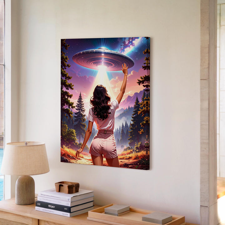 Mystical UFO Encounter Canvas – Woman in Forest & Glowing Light Art - Gifitto