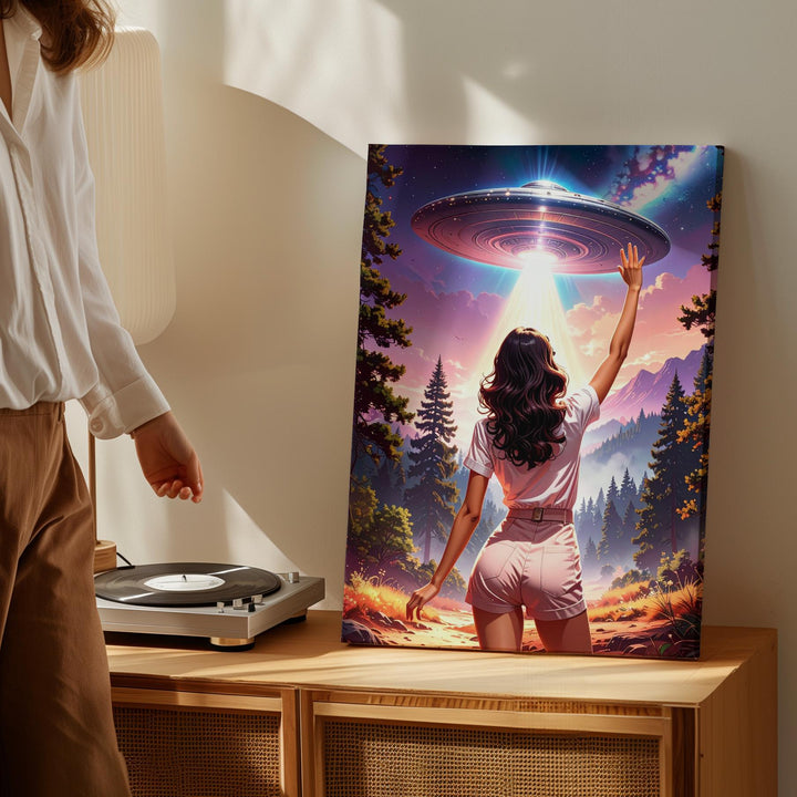 Mystical UFO Encounter Canvas – Woman in Forest & Glowing Light Art - Gifitto