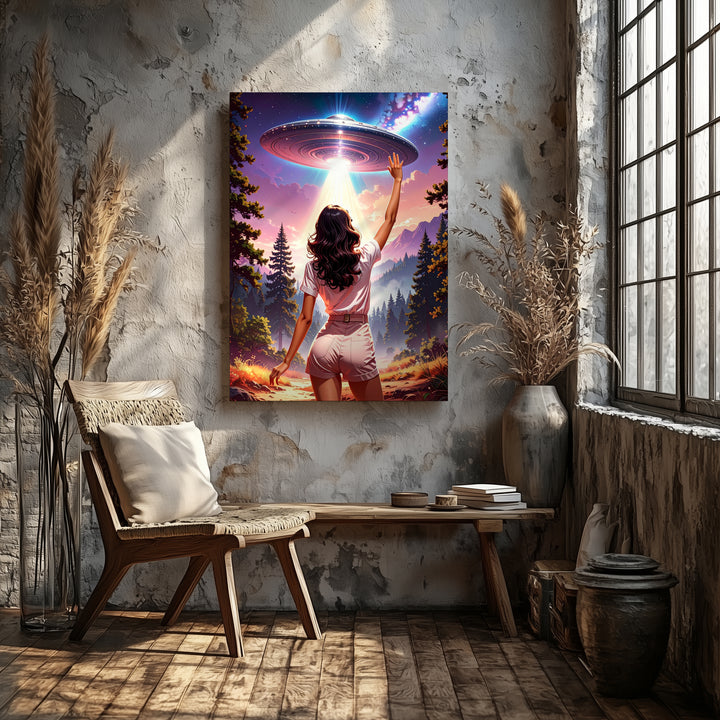 Mystical UFO Encounter Canvas – Woman in Forest & Glowing Light Art - Gifitto