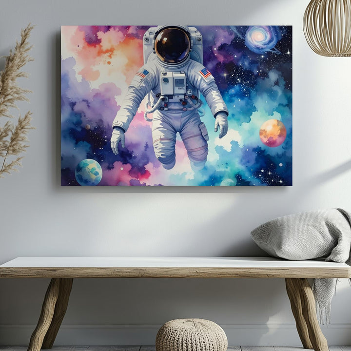 Watercolor Astronaut Canvas – Dreamy Cosmic Scene with Nebula Colors & Spiral Galaxy - Gifitto