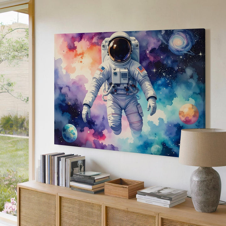 Watercolor Astronaut Canvas – Dreamy Cosmic Scene with Nebula Colors & Spiral Galaxy - Gifitto