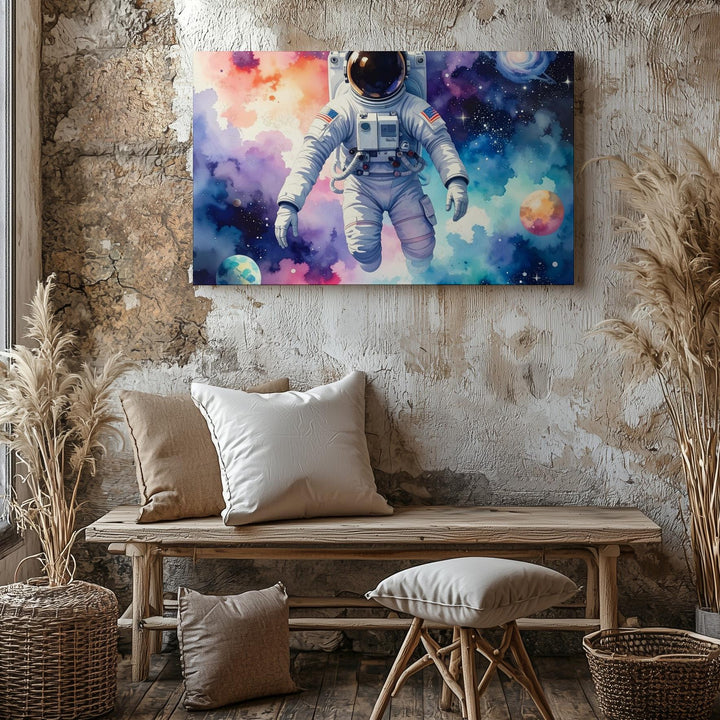 Watercolor Astronaut Canvas – Dreamy Cosmic Scene with Nebula Colors & Spiral Galaxy - Gifitto