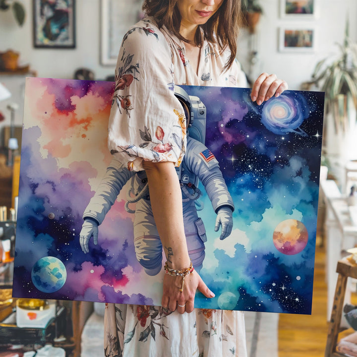 Watercolor Astronaut Canvas – Dreamy Cosmic Scene with Nebula Colors & Spiral Galaxy - Gifitto