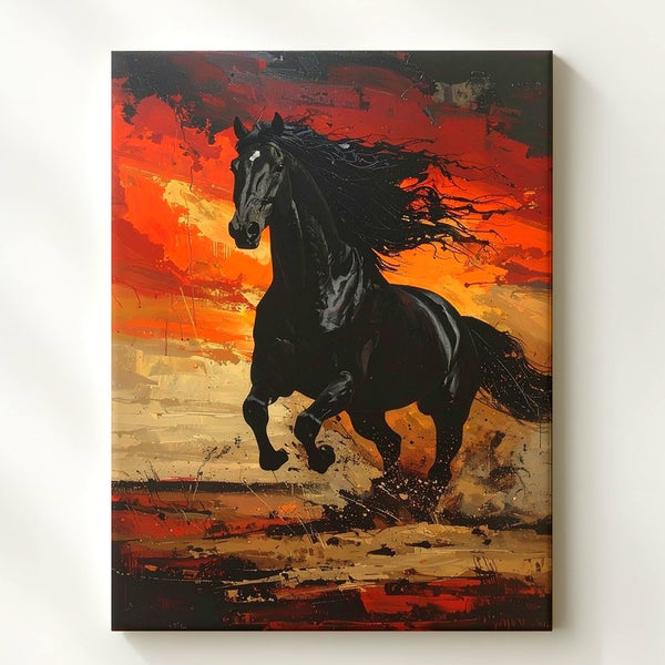 Firebound Fury Canvas – Black Horse Galloping Through Flames - Gifitto