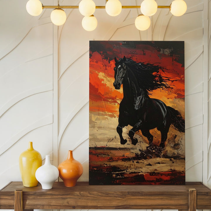Firebound Fury Canvas – Black Horse Galloping Through Flames - Gifitto