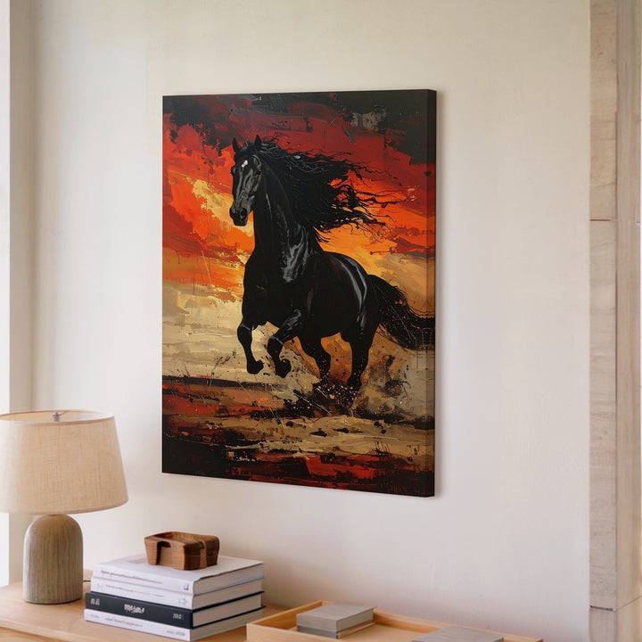 Firebound Fury Canvas – Black Horse Galloping Through Flames - Gifitto